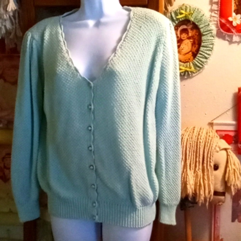 Vintage 80s,Sexy, Mint Green, Knit Top with Pretty Pearl Buttons Down Front